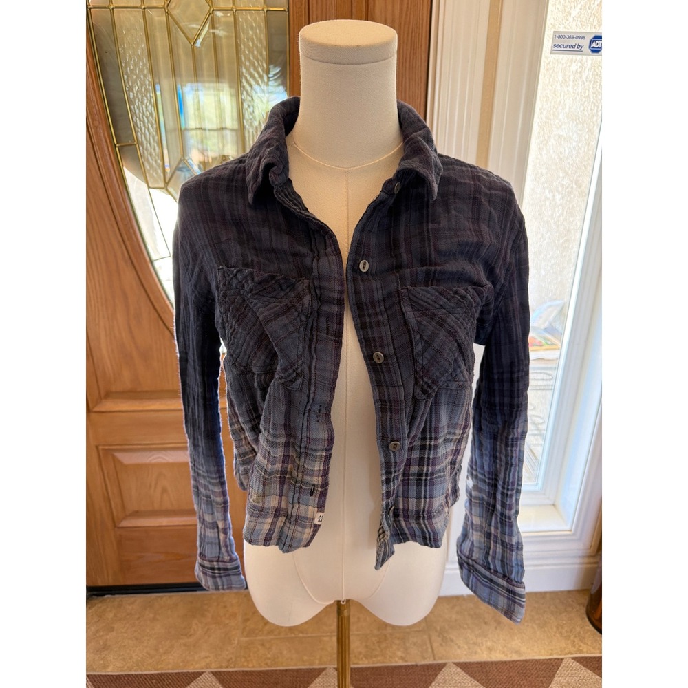 Melrose and Market Women Blue Purple Plaid Dip Dye Ombre Cropped Shirt XS